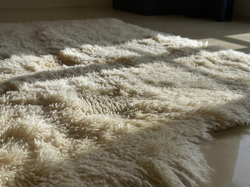 Cremefarbener Hochflorteppich aus niedriger Perspektive, der tiefe Flor fängt Fensterlicht